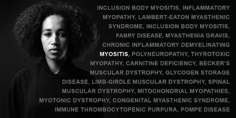 Image of female patient's face surrounded by names of rare diseases.